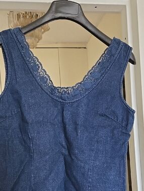 Sleeveless Denim-Look Tank with Lace Trim - Blue